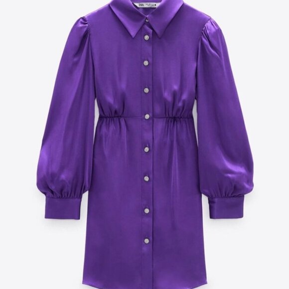 ZARA Vibrant Purple Satin Shirt Dress Size M NEW WITH TAG!